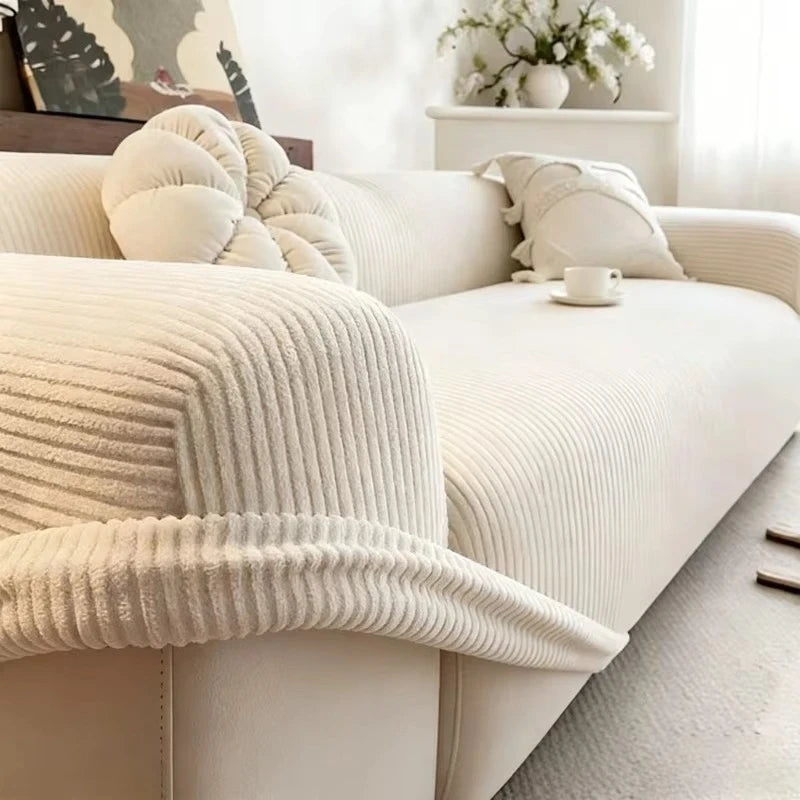 Stretch sofa cover in a cozy living room